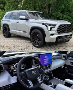 the inside and outside view of a white suv with black wheels, steering wheel controls and dashboard