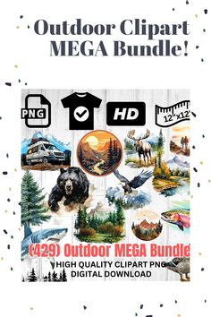 the outdoor clipart mega bundle includes an image of animals, trees and other things