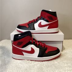 New Air Jordan 1 Mid Alternate Bred Toe Size Women 8.5 Color Black, Gym Red White Leather Upper, White Quarter Panels, Black Forefoot Overlays, Gym Red Swoosh, Rubber Outsole Brand New, Never Worn, With Original Box 100% Authentic Nike Air Jordan Bred Toe, Red Jordan 1 Women, Black And Red Nike Shoes Air Jordans, Jordans Red And White, Jordan 1 Rouge, Nike Jordan Air 1 Red, Red And White Nike Shoes, Red Jordan Aesthetic, Air Jordans 1 Red