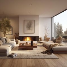 a living room filled with furniture and a fire place