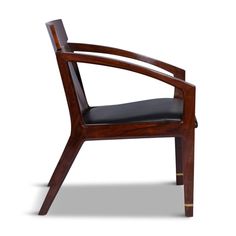 a wooden chair with black leather upholstered seat and arm rest, viewed from the front