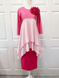 "This pink tunic top is sooo pretty!! The tunic is made with stretch material that is soft and very comfortable. Matching skirt and Large flower brooch are sold separately.  XS Bust 34\" S   Bust 35\" M  Bust 37\" L   Bust 39\" XL Bust 42\" 2X Bust 45\" 3X Bust 48\" 4X Bust 51\"" Pink Tunic, Pink Outfit, Womens Tunics, Large Flowers, Flower Brooch, Tunic Top, Tunics, Womens Clothing Tops, Pretty In Pink