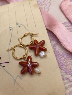 terracotta orange burnt lustre starfish ceramic handmade stainless steel earrings gold plated hoop summer real baroque pearl waterproof beach holiday mermaid  Tarnish free  lever closure Summer Ocean-inspired Jewelry With Star Charm, Summer Ocean-inspired Star Charm Jewelry, Summer Jewelry With Starfish Charm As Gift, Summer Jewelry Gift With Starfish Charm, Starfish Charm Drop Earrings As Gift, Starfish Charm Drop Earrings For Gift, Summer Starfish Charm Earrings Gift, Handmade Starfish Earrings For Summer, Handmade Coral Earrings For Summer