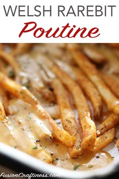 a close up of french fries with gravy on top and the words, we wish