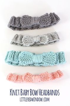 four knit baby bow headbands in different colors and sizes with text overlay that says, knit baby bow headbands