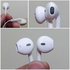 four different views of an earbud in white