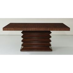 Zebra wood grain is checkerboarded horizontally and vertically on this unique dining table with a zig zag accordion base. inspired by our best selling Zig Zag console, this dining table has 2 leaves that extend the table to seat 12. Unique glides pull out from each end to reveal a place for each leaf. Dimensions Overall 96"L x 42"W x 29.5"H (265 lbs) Base 48"L x 24"W Top w/leaves 96"L x 42"W Top w/out leaves 72"L x 42"W Table Top is 3" Thick 3"H From under table to floor Height 26.5"H  Acacia, B 48 X 96 Dining Table, 12 Seat Extending Dining Table, Extendable Pedestal Dining Table, Unique Dining Tables, Global Views, Oval Table Dining, Zebra Wood, Pedestal Dining Table, Solid Wood Dining Table