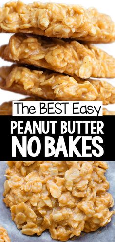 peanut butter no bakes cookies stacked on top of each other with text overlay