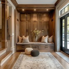 Private Foyer Entrance, Foyer With Built Ins, Recessed Entryway Ideas, Porch Ideas Entrance Entryway, Dream House Foyer, Sunken Foyer Entry, End Of Hallway Built In, Open Living Room Entryway Ideas, High Foyer Ideas Entryway