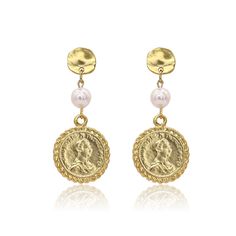 Highly detailed disc-shaped medallion coin replicas adorn each earring, elegantly set on the ends for maximum movement and swing. Shimmering white water pearls are drill set in the middle creating a contemporary linear-shaped earring, finished with round shiny dollops of metal on the top for the studs.PRODUCT DETAILS:Materials: Pewter plated with 24 kt gold. Fresh water pearls.Measurements: 2.25" longEarring closure: Post backWeight: 0.15 oz Pearl Chain Round Metal Earrings, Elegant Metal Round Disc Earrings, Elegant Coin Shaped Metal Jewelry, Elegant Single Round Disc Earring, Elegant Gold Coin-shaped Earrings, Elegant Gold Coin Earrings, Elegant Coin Pendant Earrings For Gift, Pearl Drop Pendant, Pewter Plates