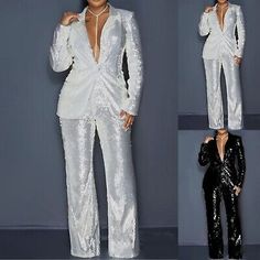 2 Piece Womens Suits Set Sequin Pants Set Notch Lapel Outfit Party Blazer Coat | eBay Outfit For Party, Formal Pant Suits, Sequin Suit, Sequin Coats, Pant Suits For Women, Party Women, Womens Suits, Sequin Pants, Pantsuits For Women