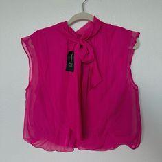 Size: Large Back Bow Jazzy Pink Sleeveless Blouse For Spring Party, Summer Party Tops With Tie Neck, Spring Party Tie Neck Top, Pink Fitted Tie Neck Top, Spring Night Out Tops With Tie Neck, Spring Night Out Top With Tie Neck, Spring Party Tie Neck Blouse, Spring Tie Neck Top For Night Out, Summer Tie Neck Tops For Night Out