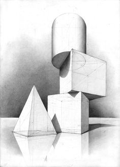 a drawing of three cubes and one pyramid on a table with water in the foreground