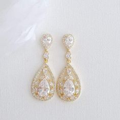 Yellow Gold Bridal Earrings in Cubic Zirconia for Brides-Esther - PoetryDesigns Bridal Pendant Necklace, Rose Gold Statement Earrings, Teardrop Earrings Gold, Random Products, Wedding Aesthetics, Necklace Photo, Bridal Pendant, Crystal Earrings Wedding, Gold Earrings Wedding