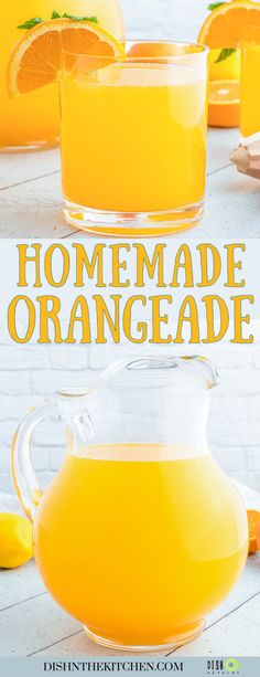 homemade orangeade in a glass pitcher next to sliced oranges