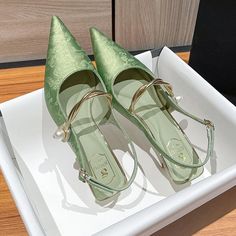 LBSFY - Satin Luxury Pointed Toe High Heels Women Fashion Designer Sandals Women Green Slingback Party Dress Shoes Muller Pumps Women Heel Strap Heels For Summer Banquet, Summer Banquet Heels With Heel Strap, High Heel Sandals For Spring Banquet, Summer Banquet High Heels, Round Toe Sandals For Banquet In Summer, Summer Sandals With Round Toe For Banquets, Summer Banquet Heels With Round Toe, Summer Banquet Sandals With Round Toe, Open Toe Sandals For Spring Banquet