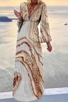 Check Her Stories Marble Print Party/Vacation Dress Boho Beach Dress, Party Kleidung, Dress Women Elegant, Dress Sleeve Styles, Elegante Casual, Printed Long Dresses, Marble Print, Hip Dress, Boho Maxi