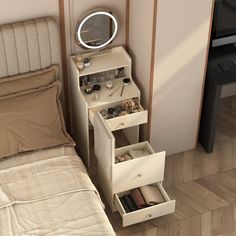 a small bedroom with a bed, nightstand and mirror on the wall next to it