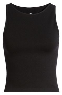 A high-necked style and a smooth, seamless fabrication make this knit tank an easy fave. 17 1/2" length (size S/M) Ballet neck 95% nylon, 5% spandex Machine wash, line dry Imported Not available for sale and shipment to Germany Fitted Black Seamless Crop Top, Elegant Stretch Seamless Crop Top, Elegant Seamless Stretch Crop Top, Fitted Seamless Crop Top, Stretch Seamless Crop Top For Layering, Black Seamless Tops, Sleek Seamless Elastane Tank Top, Sleek Seamless Tank Top With Minimal Stretch, Black High Neck Tank Top For Layering