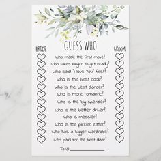 a printable guess card with hearts and flowers on it, which reads'guess who? '