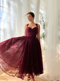 Burgundy Dantelle Midi Dress | Teuta Matoshi Maroon Elegant Dress, Teuta Matoshi Dresses, Teuta Matoshi, Vacation Clothing, Burgundy Midi Dress, Dress Maroon, Engagement Dress, Engagement Dresses, Evening Look