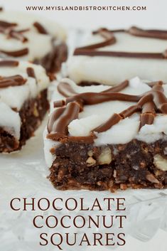 chocolate coconut squares with white frosting on top