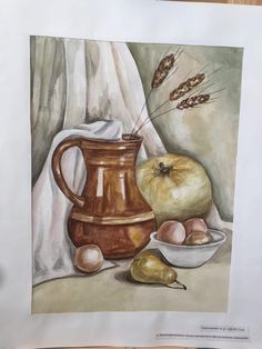 a painting of some food on a table