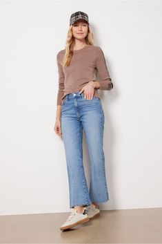 These wide leg jeans by Paige are the perfect addition to your denim collection, featuring a medium blue wash and ankle-length raw hems. The cotton-blend denim gives them a soft, vintage feel you'll reach for again and again. | PAIGE Women's Leenah Ankle Jeans, Size 25, Blue Inside Out Style, Sweater Layering, Ankle Jeans, Fashion 101, Fall Shopping, Tee Dress, Fall Trends, Work Fashion, Wide Leg Jeans