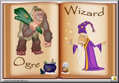 an open book with pictures of wizards and witches