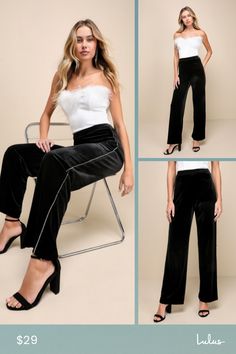 Add some razzle dazzle to your strut with the Lulus Fabulous Shine Black Velvet Rhinestone Straight Leg Pants! Soft and slightly stretchy velvet shapes these glamorous pants with a high-rise fit and a banded waist that sits atop straight pant legs that end at full-length hems. Sparkling rhinestone-adorned side seams complete the glitzy look! Hidden back zipper/clasp. Fit: This garment fits true to size. Length: Floor length. Size medium measures 42.5" from waist to hem. Inseam: 31.75 Front Rise: Fitted Velvet Bottoms For Night Out, Chic Velvet Trousers, Black Velvet Bottoms For Night Out, Elegant High-waisted Velvet Pants, Full-length Velvet Bottoms For Night Out, Elegant High Waist Velvet Bottoms, Black Velvet Pants For Party, Velvet Full Length Bottoms For Evening, Full Length Velvet Bottoms For Night Out