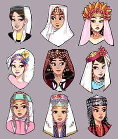 six different types of women wearing headdresses and veils, all in different colors