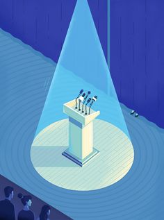 an illustration of a podium with microphones on it in front of a group of people