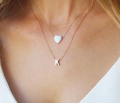 Gold Layered Necklaces Set, Initial Necklace, White Opal Heart Necklace, Opal Jewelry, Heart Charm N Opal Heart Necklace, Necklaces Ideas, Diy Heart, Heart Necklaces, Necklace Opal, Gold Letter Necklace, Heart Shaped Jewelry, Layered Necklace Set, Tiffany Jewelry