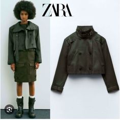 Beautiful Cropped Waxed Crinkle Effect Trench Coat. There Is No Stretch In It. The Color Is Green But Zara Call It Dark Khaki. It Can Be Worn For Any Occasion. Item Has Never Been Worn Only Cleaned And Was Purchased As A Floor Model So There May Or May Not Be Slight Imperfections. It’s A Button Closure. Item May Need Pressing Upon Receipt Due To Storage And Shipping. Coat Is Lined. Size Is Xxl And Measurements Are In Photos. I Will Try My Best To Post Pictures And List All, If Any Minor Defects Winter Cargo Style Utility Jacket For Workwear, Winter Cargo Style Outerwear, Trendy Cargo Style Outerwear For Work, Utility Leather Jacket For Fall Workwear, Fall Khaki Cargo Style Utility Jacket, Utility Cropped Jacket For Fall Streetwear, Fall Utility Cropped Jacket For Streetwear, Khaki Cargo Style Outerwear For Fall, Zara Khaki Utility Jacket For Work