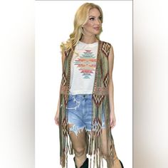 Stunning Olive Aztec Design With Studded Detail Faux Suede Fabric Mid-Thigh Fringe So Beautiful To Layer Over Your Favorite Graphic Tees, Tanks With Shorts, Leggings, Jeans And Dresses! Bohemian Outerwear With Frayed Hem For Festivals, Suede Fringe Vest, Short Faux Fur Jacket, Leopard Print Jacket, Faux Suede Fabric, Pink Bodycon Dresses, Aztec Design, Aztec Designs, Wool Vest