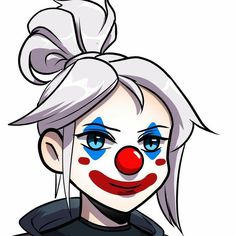 a drawing of a clown with white hair and blue eyes, wearing a red nose