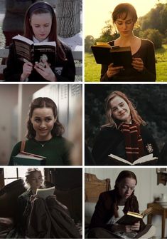 four different pictures of women reading books together