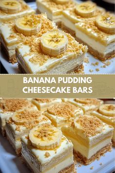 banana pudding cheesecake bars on a white plate with the words, bananas pudding cheesecake bars