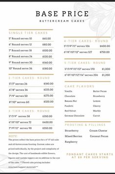 the menu for base price at butterbread cakes