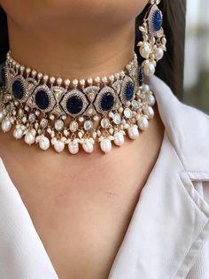 Sabyasachi Inspired Uncut Polki Kundan Choker Set with Sapphire Blue Carved Stones and Pearls, Includes Earrings Blue Bridal Jewelry Indian, Blue Choker Necklace Indian, Sapphire Indian Jewelry, Blue Indian Jewelry Sets, Fancy Choker Necklace, Blue Kundan Jewellery, Blue Sapphire Necklace Indian, Kundan Jewellery Set Necklaces, Neck Pieces Jewelry Indian