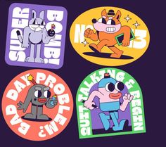 four stickers with cartoon characters on them in different colors and sizes, all depicting the same character