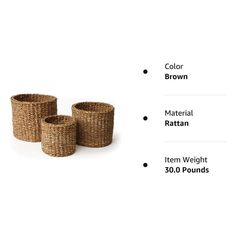 three woven baskets with measurements for each basket