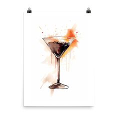 a painting of a martini glass with chocolate and orange splashing on the rim, in front of a white background