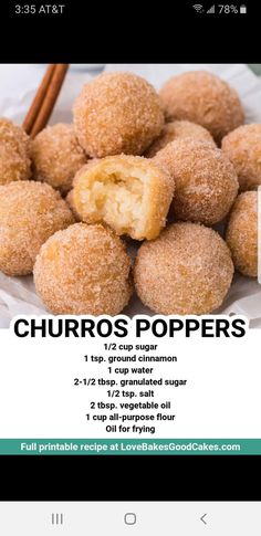 an advertisement for churros poppers with cinnamon sticks