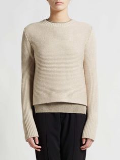 Beige Textured Knit Crew Neck Cropped Sweater, Beige Textured Knit Cropped Sweater With Crew Neck, Beige Sweater With Ribbed Neckline For Layering, Beige Sweater With Ribbed Neckline For Work, Beige Ribbed Neckline Sweater For Work, Beige Crew Neck Cropped Sweater For Layering, Neutral Crew Neck Sweater For Workwear, Neutral Ribbed Sweater For Layering, Favorite Sweater