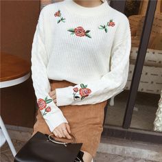 Rose Embroidered Pullover Sweater – Tomscloth White Winter Sweater With Floral Embroidery, White Floral Embroidery Sweater For Winter, White Floral Embroidery Winter Sweater, Casual Long Sleeve Sweater With Floral Embroidery, White Long Sleeve Sweater With Floral Embroidery, White Floral Embroidered Long-sleeved Sweater, Fitted Embroidered Crew Neck Sweater, Fitted Casual Embroidered Sweater, Fitted Embroidered Casual Sweater