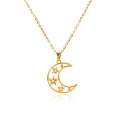 PRICES MAY VARY. MYSTERY AND ROMANCE: The gold-plated moon pendant necklace is inspired by the moon with stars set inside, giving it a mysterious and romantic appearance. This necklace combines the moon and stars to create a sense of cosmic wonder, suitable for expressing the pursuit of romance and mystery. UNIQUE DESIGN: The hollowed out design inside the moon adds a unique layered look, while the star embellishment enlivens the whole pendant. This unique design makes the necklace stand out fro Gold-plated Crescent Charm Necklaces, Gold Plated Crescent Charm Necklaces, Gold Crescent Clavicle Chain Charm Necklace, Gold Crescent Charm Necklace With Clavicle Chain, Gold Plated Crescent Charm Necklace, Gold-plated Crescent Charm Necklace, Gold Crescent Clavicle Chain Necklace, Gold-plated Moon Charm Necklace, Gold Plated Moon Shaped Charm Necklace