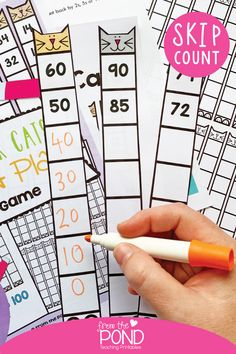 a hand holding a marker next to some numbers on a sheet of paper with the words skip count