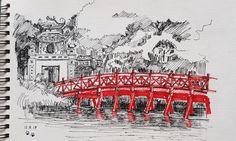 a drawing of a red bridge over water