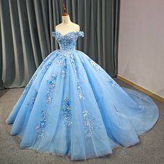 Princess Ball Gowns Blue, Elegant Blue Quinceanera Ball Gown, Blue Flower Quinceanera Dresses, Princess Gown Royalty, Light Blue Quinceanera Dresses Quincedresses.com, Blue Off-shoulder Quinceanera Dress, Quincenera Blue Dresses With Butyerflies, Prom Dresses Off The Shoulder, Princess Evening Dress